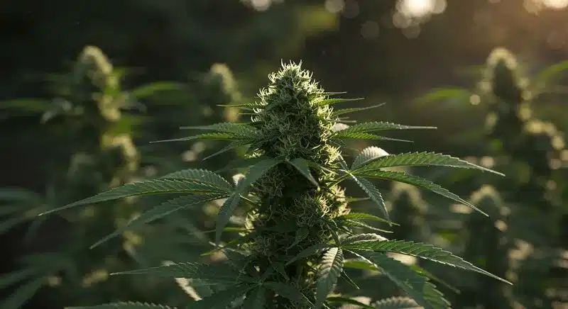 Planta de cannabis en plena floración al aire libre, híbridos equilibrados con sabor a menta para probar por su desarrollo estable y perfil aromático fresco.
