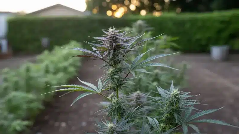 Purple Punch x Do-Si-Dos cultivada en exterior, con plantas en fase de floración, estructura híbrida equilibrada, hojas alargadas y cogollos en formación, adaptadas a cultivo al aire libre y buen desarrollo natural.