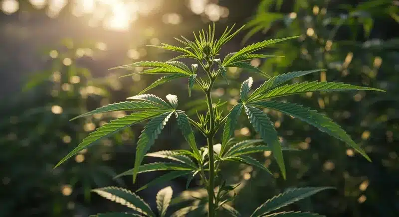 Planta de cannabis en fase vegetativa cultivada al aire libre, variedades automáticas vs fotoperiódicas con sabor a menta y sus diferencias de crecimiento.