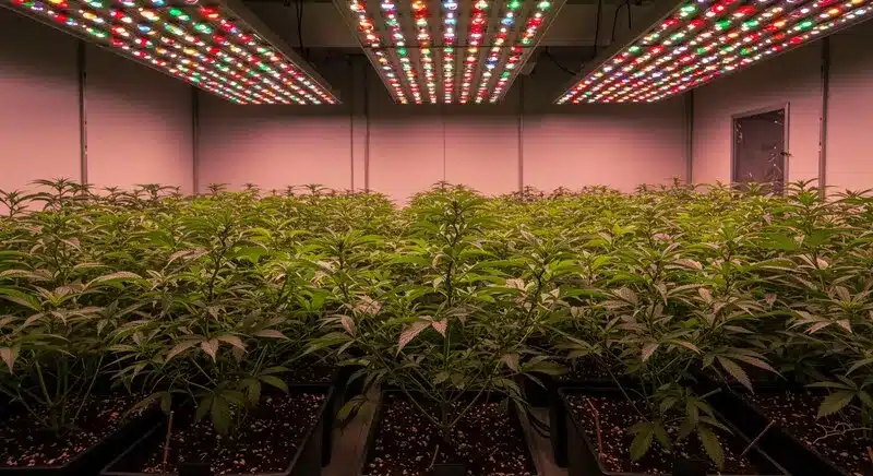 Cultivo de cannabis en interior con iluminación LED, sativas con sabor a menta por su crecimiento y control ambiental.