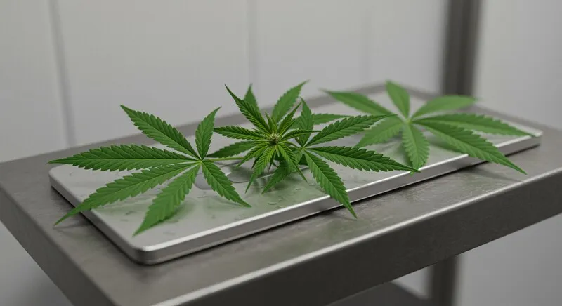 Hojas de cannabis dispuestas para análisis, Kush Mints y Thin Mint GSC según morfología, coloración y estructura foliar.