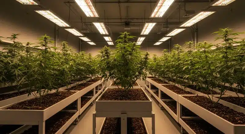 Cultivo de cannabis en interior bajo luces artificiales, perfecto para variedades de marihuana con menta para principiantes por su control ambiental y crecimiento estable.