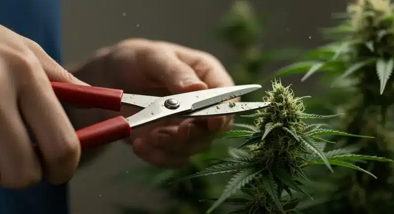 Cogollo de cannabis Mochalope x Do-Si-Dos durante el manicurado manual con tijeras, mostrando una flor compacta y resinosa, pistilos visibles y hojas verdes bien definidas, en una fase avanzada de maduración previa al secado.