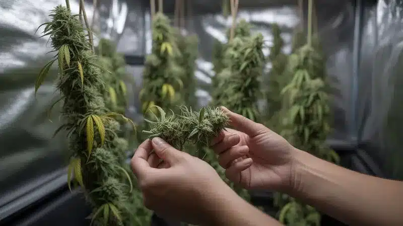 Cogollo de cannabis Mohan Ram siendo revisado manualmente durante el secado, con flores compactas y resinosas colgadas en una sala controlada, hojas amarillentas propias de la maduración y estructura típica de una genética índica.