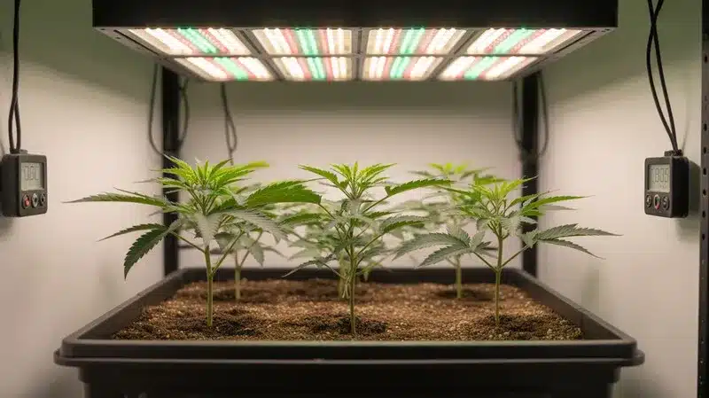Plantas jóvenes de cannabis Monkey OG creciendo en sustrato bajo paneles LED, con tallos rectos, hojas verdes saludables y desarrollo homogéneo propio de una fase vegetativa controlada.