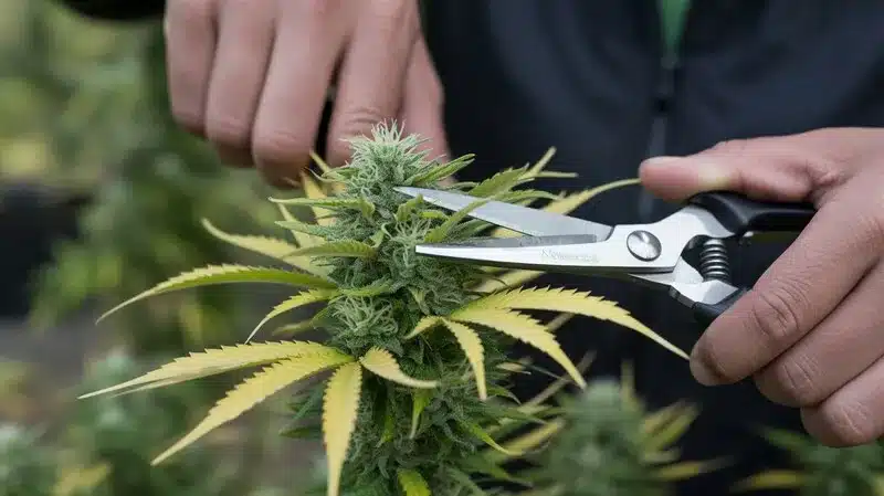 Cogollo de cannabis Nemesis durante el proceso de cosecha, siendo manicurado manualmente con tijeras, mostrando una flor compacta, hojas amarillentas propias de la maduración y estructura resinosa en fase final.