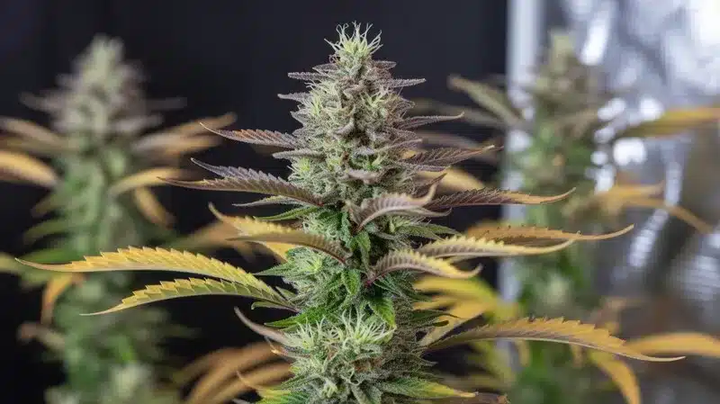 Neville Haze Auto en floración interior con cola central alargada.