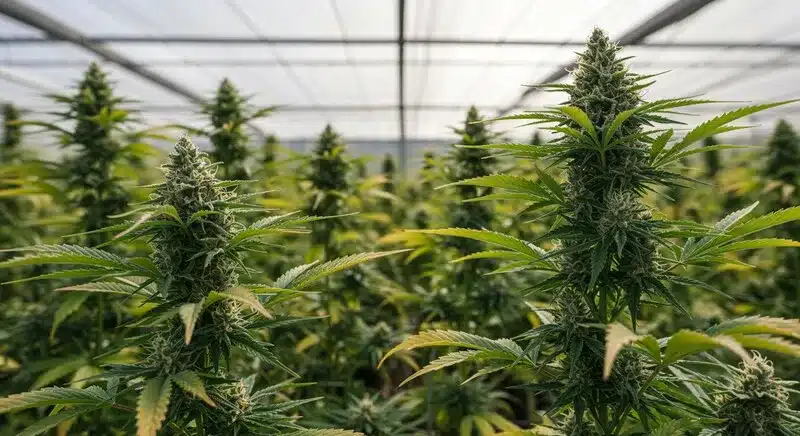 Neville’s Haze con técnica SCROG, donde se observan múltiples plantas distribuidas bajo paneles LED, crecimiento controlado, estructura abierta y desarrollo homogéneo para maximizar la producción en genéticas sativa de floración prolongada.