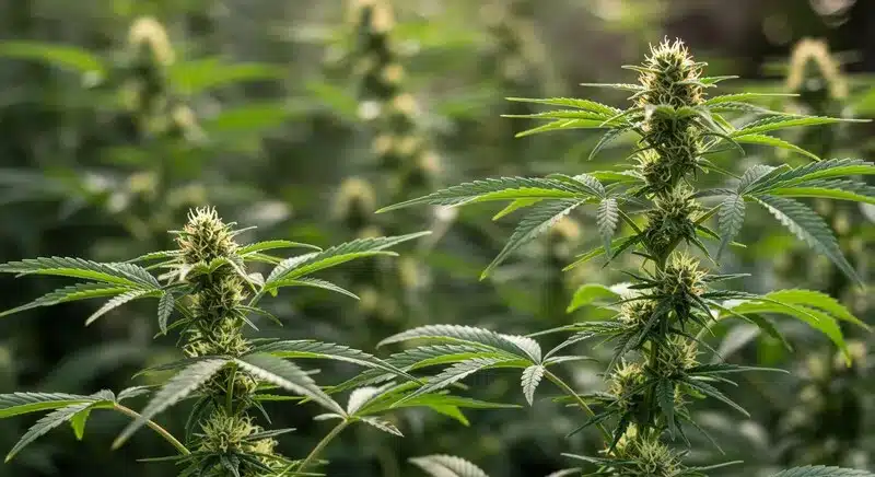 Plantas de cannabis New York Diesel Auto cultivadas en exterior, mostrando colas centrales en floración con estructura alargada, hojas verdes saludables y un crecimiento equilibrado bajo luz natural, reflejando genética autofloreciente.