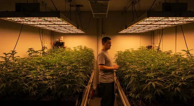 Cultivo de Nicole Kush en una sala profesional, con plantas dispuestas en filas bajo paneles LED, estructura homogénea y follaje verde saludable, reflejando un entorno controlado para un crecimiento uniforme.