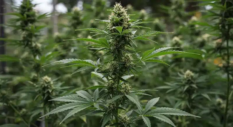 Nikki & Swami’s Lemon OG en floración exterior.