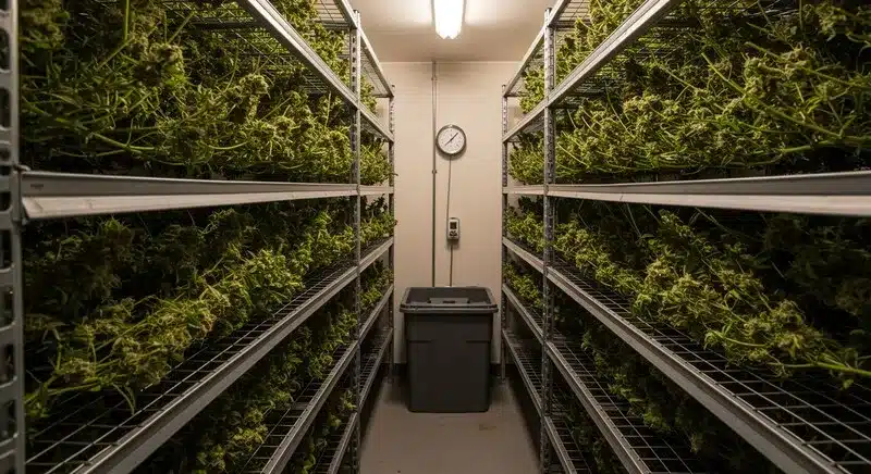 Sala de secado de cannabis Nikki & Swami’s Lemon OG con estanterías metálicas llenas de ramas recién cosechadas, ambiente controlado, iluminación uniforme y organización profesional, ideal para preservar la calidad y los terpenos tras la cosecha.