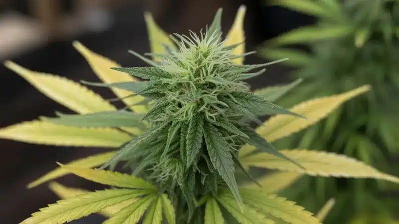 Planta de cannabis en plena floración al aire libre, variedades feminizadas de menta para cultivar por su desarrollo sano.