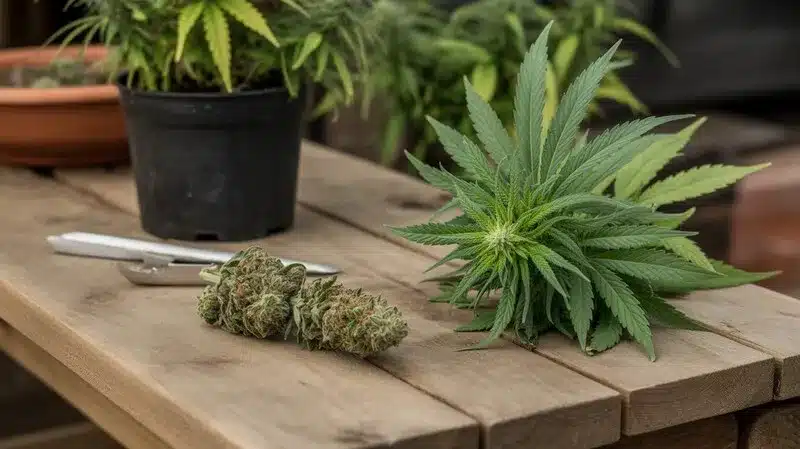 Cogollo de cannabis junto a una planta joven sobre mesa de madera, variedades mentoladas: equilibrio entre aroma fresco y estimulación mental.