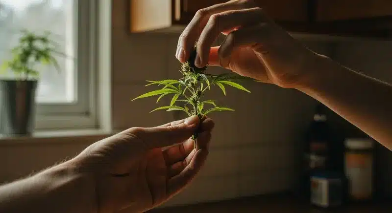 Planta joven de cannabis manipulada con cuidado en interior,  asociadas a perfiles aromáticos suaves y efectos calmantes.