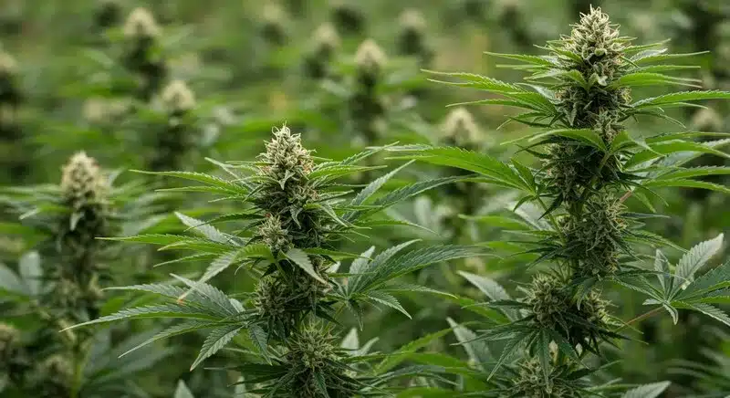 Neville’s Haze en cultivo exterior con colas sativa alargadas.