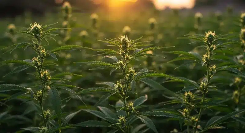 Plantas de cannabis cultivadas en exterior durante la floración, variedades mentoladas para cultivar en casa por su adaptación natural.