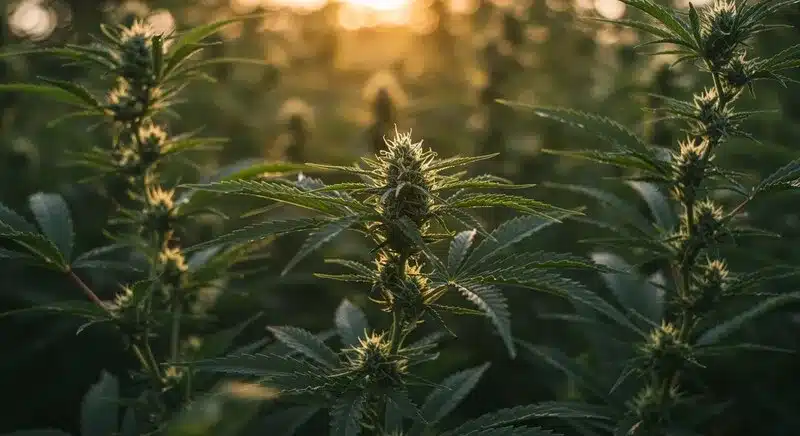 Plantas de cannabis en plena floración cultivadas en exterior, variedades de menta y variedades afrutadas según estructura y desarrollo.