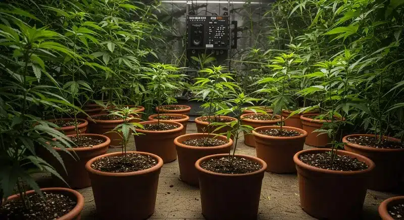 Plantas jóvenes de marihuana en macetas dentro de una sala controlada. La caja de cultivo inteligente optimiza luz y ambiente para un desarrollo uniforme.