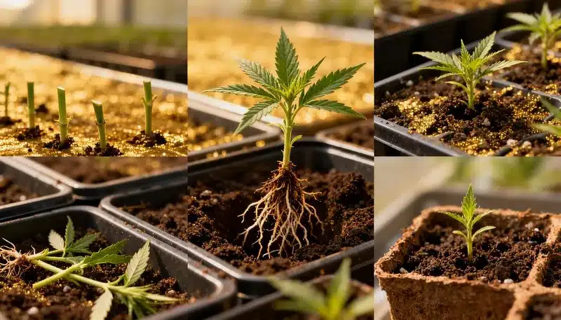 Proceso de crecimiento de Purple Punch F1 en distintas fases: esquejes, enraizamiento y plántulas listas para el trasplante en cultivo interior.