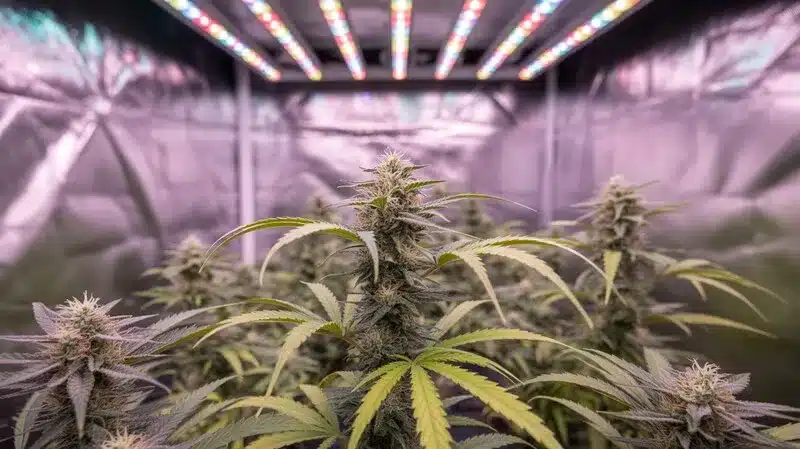 Plantas de cannabis RS11 x Zoap en cultivo interior, cogollos compactos y bien formados, hojas amarillentas propias de una floración avanzada y desarrollo floral homogéneo bajo iluminación LED profesional.