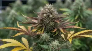 Red Gorilla Auto en floración: Cogollo resinoso con tonos púrpura.