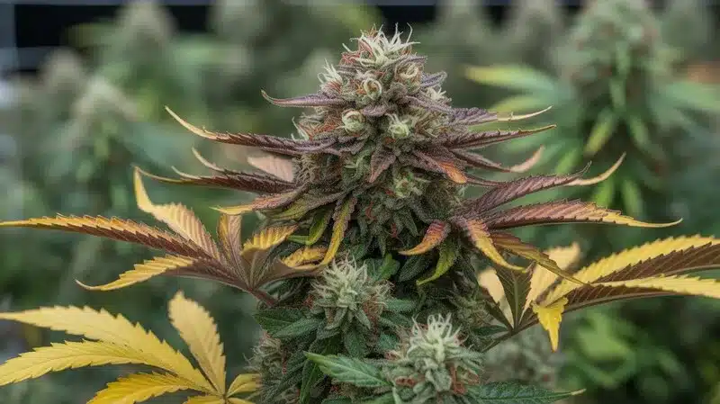 Red Gorilla Auto en floración: Cogollo resinoso con tonos púrpura.