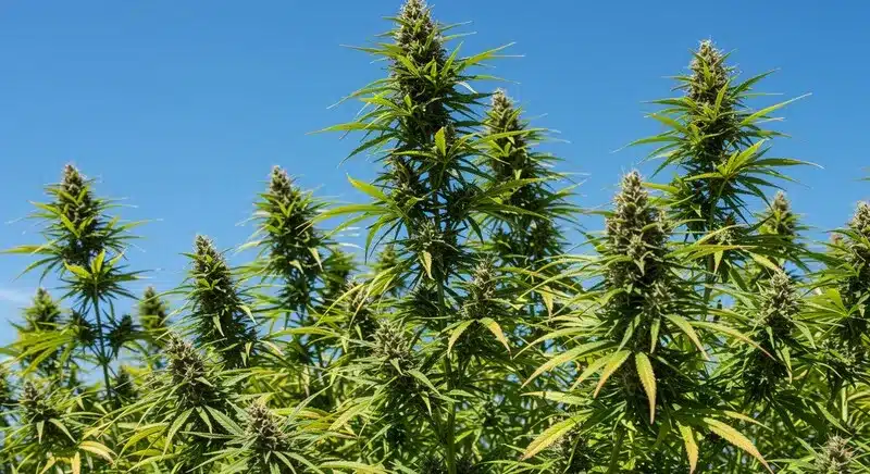 Ricky Bobby cultivada en exterior, con plantas altas y esbeltas en fase de floración, hojas alargadas y cogollos en desarrollo, adaptadas a espacios abiertos y condiciones naturales de cultivo.
