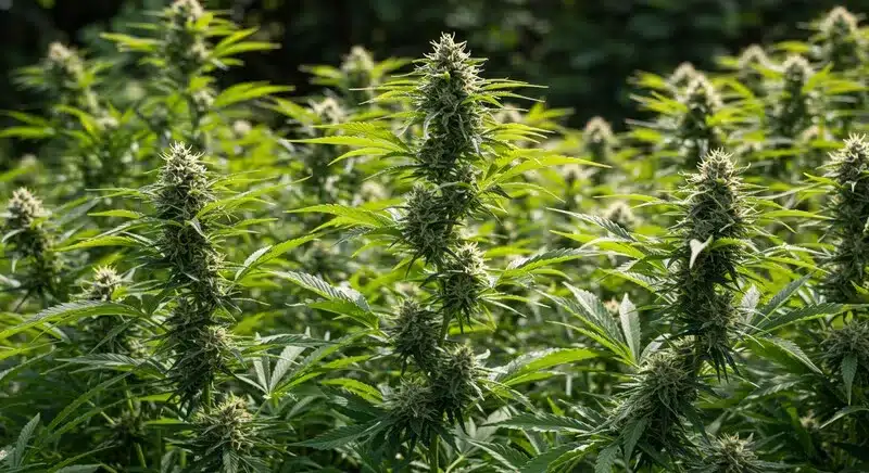 Plantas de cannabis Rosetta Stone cultivadas en exterior, con múltiples colas centrales bien desarrolladas, hojas verdes saludables reflejando un crecimiento y una floración equilibrada en condiciones naturales.