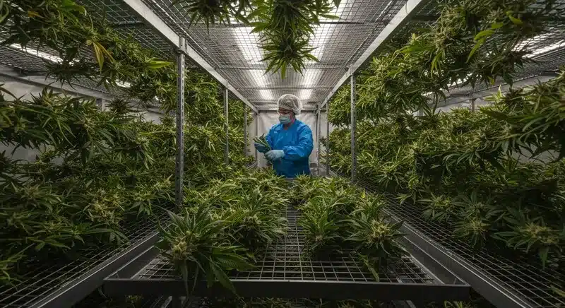 RudeBoi OG F1 en una sala profesional, con plantas distribuidas en estanterías metálicas, iluminación artificial uniforme y manejo técnico con equipo de protección, reflejando un entorno controlado para una floración estable y homogénea.