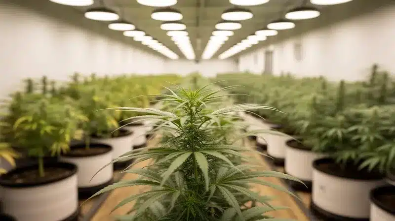 Cultivo de cannabis en interior con iluminación controlada, perfecto para analizar cómo afectan los terpenos de menta al sabor del cannabis según el entorno de cultivo.