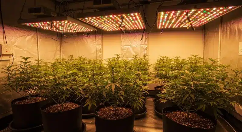 Plantas de cannabis San Fernando Valley Auto en cultivo interior durante la fase vegetativa, creciendo en macetas individuales bajo paneles LED, con estructura homogénea, follaje verde saludable y un entorno controlado.