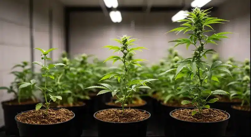 San Fernando Valley OG Kush en fase vegetativa, cultivadas en macetas bajo iluminación artificial, con tallos erguidos, hojas verdes saludables y crecimiento homogéneo, reflejando un inicio previo a la floración.