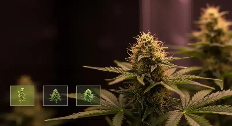 San Fernando Valley OG Kush en floración interior con cogollo central.