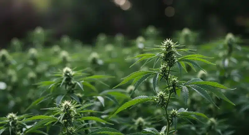 Cultivo exterior de San Fernando Valley Regular en plena floración, buena ramificación y desarrollo uniforme bajo luz natural.