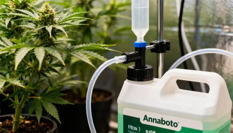 El sistema de nutrientes de Annaboto dosifica con precisión, asegurando una nutrición constante y mejor rendimiento en cultivos de cannabis interiores.