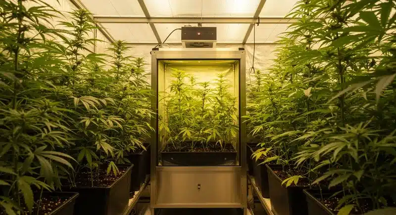 Caja de cultivo inteligente para marihuana en invernadero.