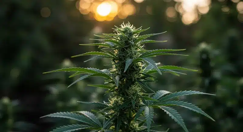 Planta de cannabis cultivada en exterior durante la floración, variedades índicas con sabor a menta por su desarrollo natural.
