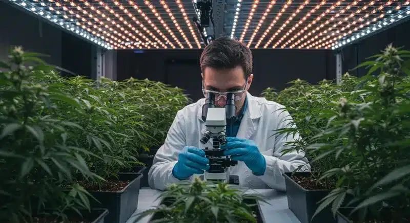Investigador analizando plantas de cannabis en cultivo interior, saber por qué algunas variedades de cannabis saben a menta y el papel del cultivo y la genética.