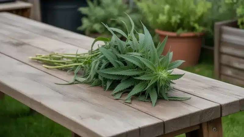 Ramas de cannabis recién cosechadas colocadas sobre una mesa de madera: Kush Mints vs Bruce Banner x Kali Mist en cannabis desde la fase de corte y manicurado.