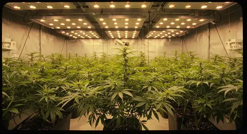 Cultivo interior de cannabis 3 Kings bajo luces LED, con plantas bien desarrolladas y crecimiento homogéneo en un entorno controlado durante la fase vegetativa.