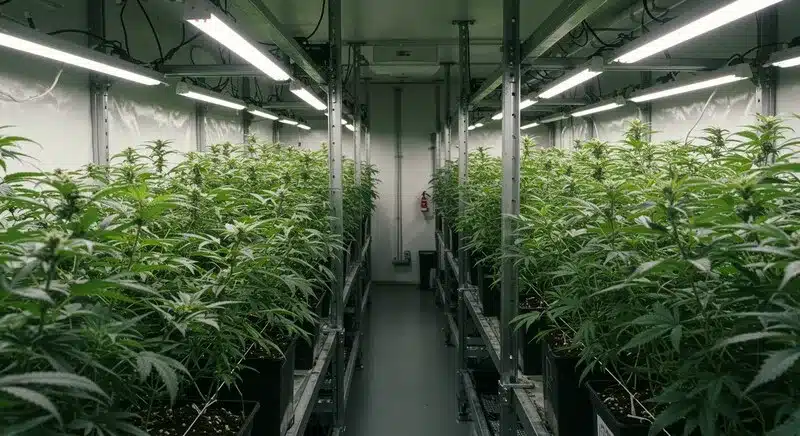Sala de cultivo interior con plantas de cannabis autofloreciente, ideal para cultivar cannabis autofloreciente en casa gracias a su ciclo rápido, tamaño compacto y facilidad de manejo en espacios reducidos.