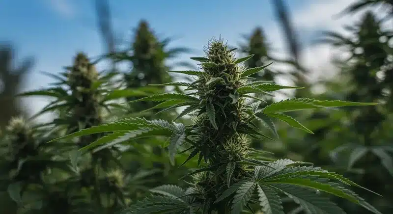 Planta de cannabis Black Domina Auto en floración cultivada en exterior.