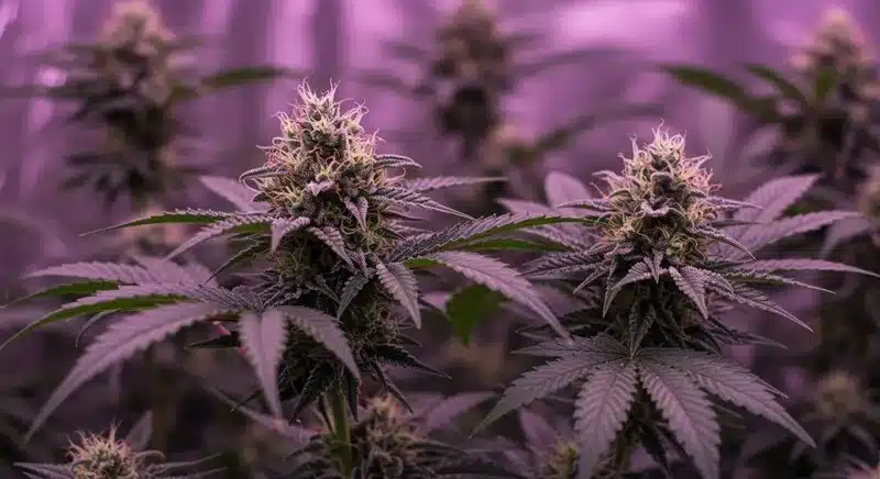 Plantas de cannabis Blackberry Moonrocks Auto en fase de floración cultivadas en interior, cogollos compactos, pistilos abundantes y una estructura resinosa bajo iluminación LED.