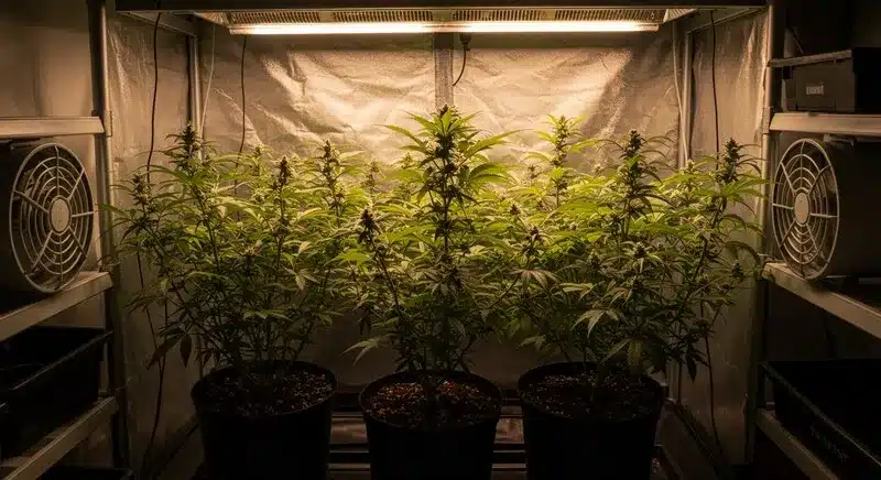 Plantas de cannabis Blue Cheese creciendo en interior bajo iluminación artificial y ventilación controlada, un entorno ideal para optimizar el desarrollo vegetativo y la producción de flores.
