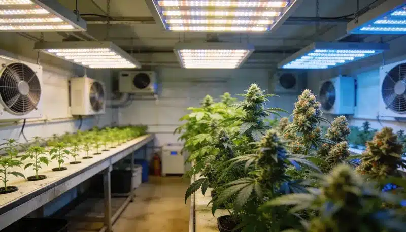 Sala de cultivo interior con plantas de cannabis Blueberry en distintas fases de desarrollo, utilizando iluminación LED y ventilación controlada para maximizar el crecimiento y la producción de flores.