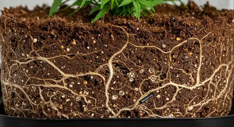 Sistema de raíces de una planta de cannabis Bubba Gift en sustrato orgánico, donde se aprecia un desarrollo radicular sano y bien ramificado, clave para una absorción eficiente de nutrientes.