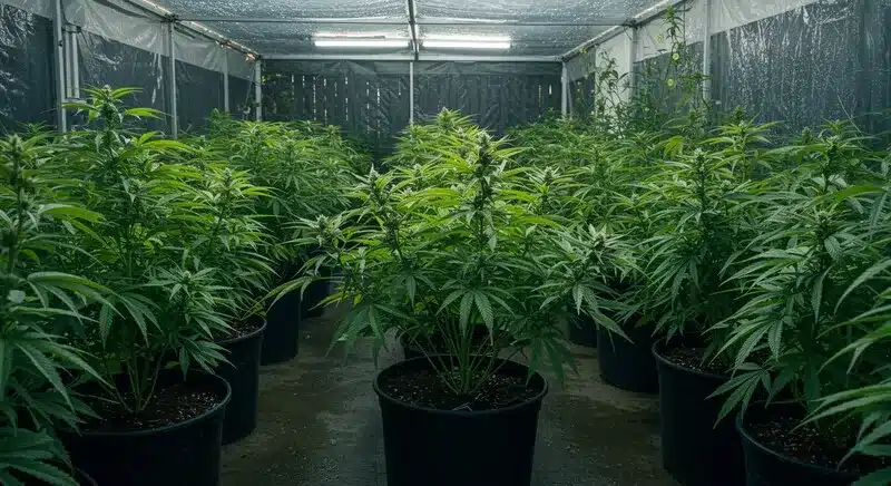 Sala de cultivo interior con plantas de cannabis Bubblegum Regular en macetas, crecimiento uniforme y bajo condiciones controladas de iluminación y ventilación.