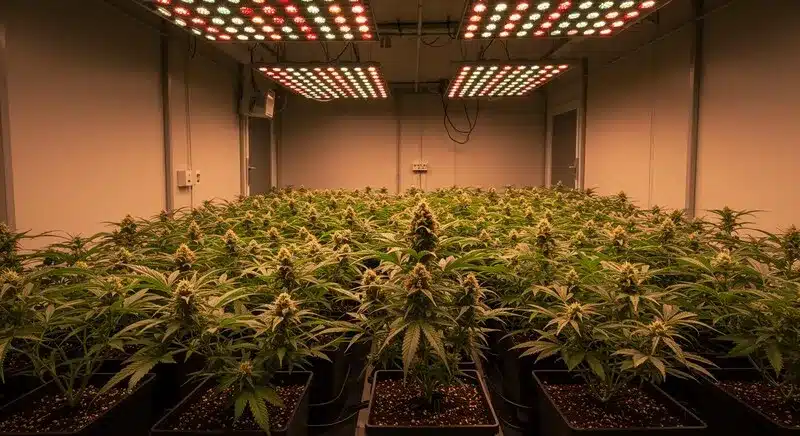 Sala de cultivo interior con múltiples plantas de cannabis Cake Batter bajo iluminación LED, un entorno controlado que favorece una floración homogénea y una producción estable.