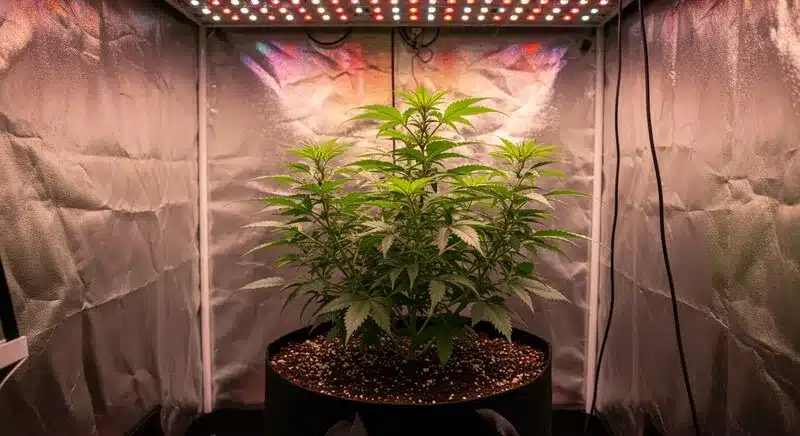 Planta de cannabis Candida CBD creciendo en interior bajo iluminación LED, con estructura equilibrada y follaje sano durante la fase vegetativa.